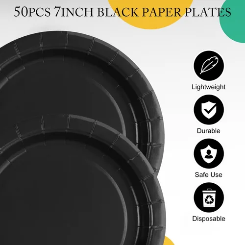 Miniatura 4 de Platos y servilletas de papel negro para fiestas, platos de postre de 50 x 7 pulgadas, servilletas de 50 x 5 pulgadas y tenedores de 50 x 7.08