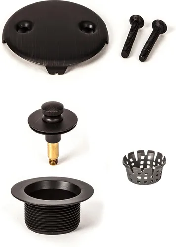 PF WaterWorks PF0969-ORB - Conjunto de desagüe de bañera (drenaje grueso 11.5 TPI + tapón + placa frontal de dos (2) agujeros, atrapa pelo/colador