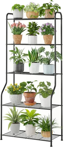 Kitsanery Soporte para plantas de interior y exterior para múltiples plantas, estante de metal resistente de 5 niveles, escalera grande para jardín,