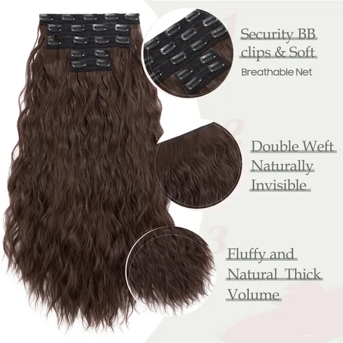 Miniatura 2 de S-noilite Extensiones de cabello con clip de 24 pulgadas en ondulado, marrón, ondas sueltas, 5 piezas, piezas gruesas de cabeza completa