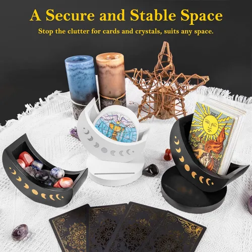 Miniatura 6 de Caja de exhibición de tarot con soporte para tarjetas, estuche de madera con soporte de fase lunar para almacenamiento de piedra de cristal, Negro