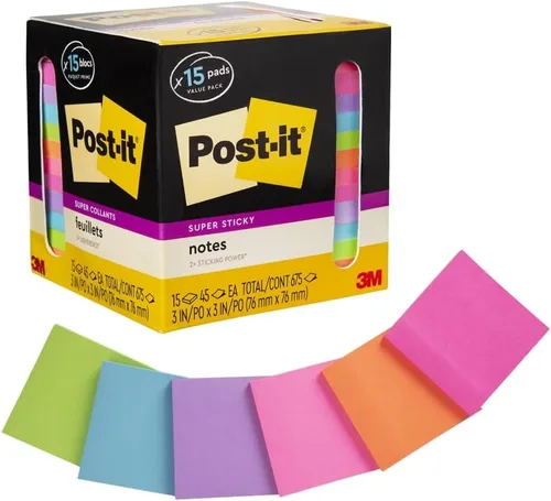 Post-it | Notas superadhesivas, colores brillantes surtidos, 3 x 3 pulgadas, 15 blocs por paquete, 45 hojas por bloc, doble poder de adherencia,