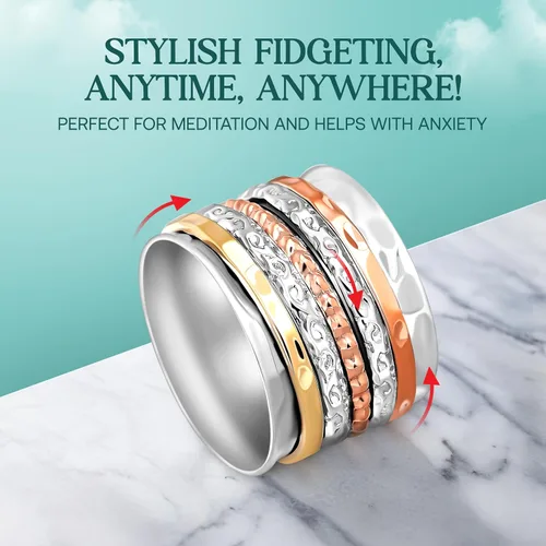 Miniatura 3 de Boho-Magic Anillo giratorio de plata de ley 925 para mujer con bandas de cobre y latón, anillo de plata hecho a mano para uso diario, comodidad