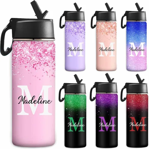 Miniatura 8 de Botella de agua personalizada, botella de agua deportiva personalizada con nombre, botella de acero inoxidable aislada al vacío con tapa
