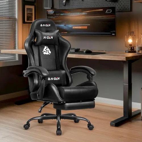 Miniatura 2 de N-GEN GAMING Silla de videojuegos con reposapiés, soporte lumbar para el hogar, oficina, respaldo alto, reclinable, altura ajustable, ergonómica