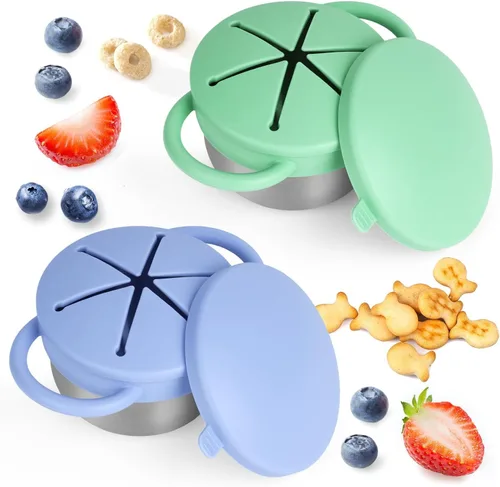 Pack de 2 tazas para aperitivos a prueba de derrames para niños pequeños - Tazas para aperitivos de acero inoxidable desmontables para niños