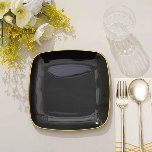 Miniatura 9 de Efavormart - Paquete de 10 platos cuadrados de plástico para postre de 7 pulgadas, color negro con borde dorado, platos desechables para ensalada