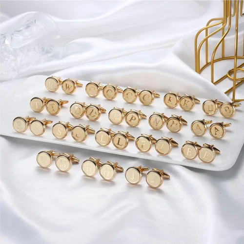 Miniatura 5 de LOYALLOOK Gemelos dorados con iniciales para hombres, gemelos de cobre personalizados, gemelos de letra, regalo para novio, marido, padre, novio
