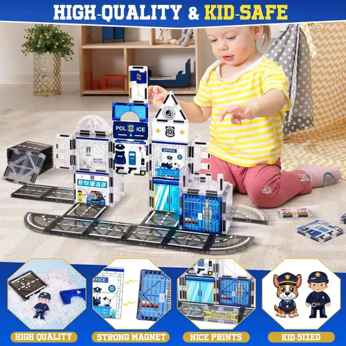 Miniatura 5 de 60 piezas de conjunto de azulejos magnéticos de estación de policía con 6 muñecas magnéticas, bloques de construcción de azulejos magnéticos