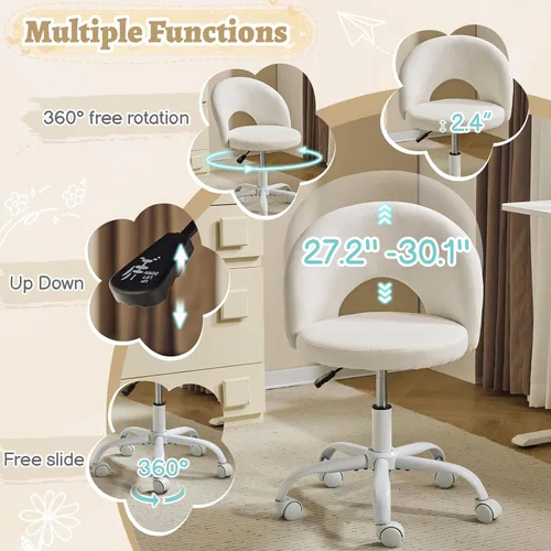 Miniatura 4 de VINGLI Silla de tocador pequeña con ruedas para niñas. Bonita silla de escritorio de oficina moderna de altura ajustable sin brazos. Silla giratoria