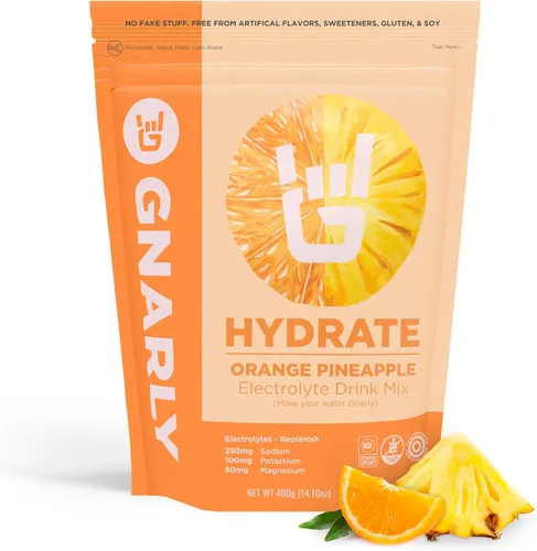 Gnarly Nutrition Hydrate Electrolyte Powder – Mezcla de bebida hidratante para ejercicio de naranja piña – Certificado NSF Sport – Solución de