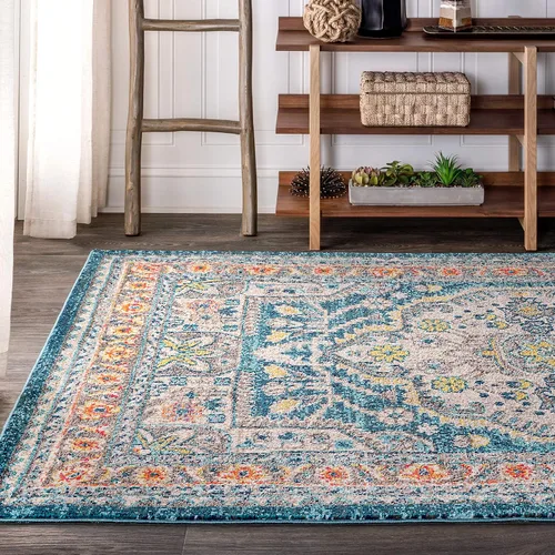 Miniatura 3 de JONATHAN Y Alfombra bohemia para interiores, color azul y amarillo, 3 x 5, medallón bohemio elegante, floral, fácil de limpiar, alto tráfico