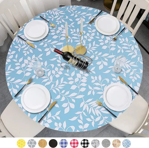 Miniatura 13 de Mantel redondo de vinilo de plástico ajustable con parte trasera de franela y borde elástico, protector de mesa impermeable para mesa de comedor