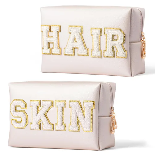 Miniatura 17 de Y1tvei Preppy Patch BATH Letter - Neceser de cuero PU para cosméticos, bolsa de maquillaje portátil cosida con parches de letras universitarias