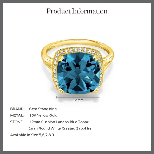 Miniatura 4 de Gem Stone King Anillo de compromiso de oro amarillo macizo de 10 quilates con topacio azul Londres y zafiro blanco creado para mujer