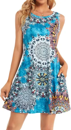 Miniatura 2 de elescat - Vestidos de verano para mujer, estilo informal, sin mangas, estampado floral, holgado, con bolsillo