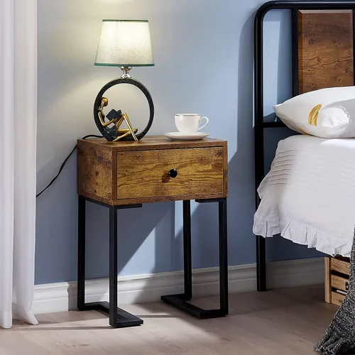 Miniatura 6 de VECELO Mesita de noche con cajón de almacenamiento, mesa auxiliar/auxiliar para dormitorio, marco de metal resistente