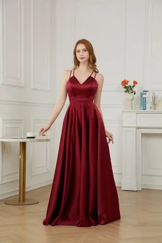 Miniatura 2 de Molisa Vestidos de fiesta de satén con cuello en V para mujer, con tirantes delgados, vestidos formales de fiesta de noche con bolsillos