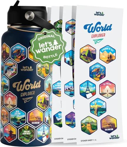 Miniatura 9 de LET'S WANDER - Botella de agua para aventureros del mundo con 50 pegatinas impermeables - 32 onzas, botella de acero inoxidable aislada y a prueba