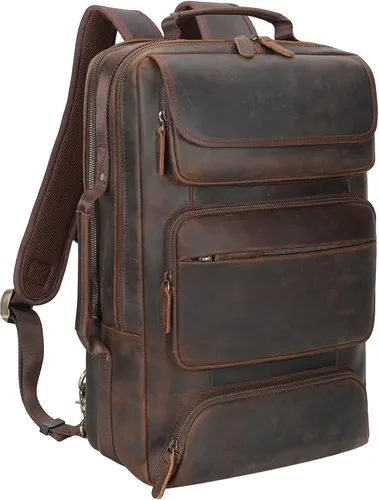 TIDING Mochila para portátil de cuero de grano completo de 17.3 pulgadas para hombres, maletín de negocios convertible para fin de semana, bolsa de