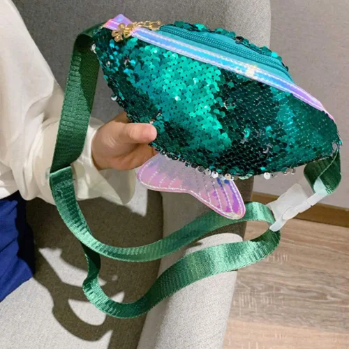 Miniatura 6 de JUMISEE Riñonera de lentejuelas brillantes para niños y niñas, bolsa de cintura holográfica con purpurina y cola de sirena, bolso cruzado, Verde