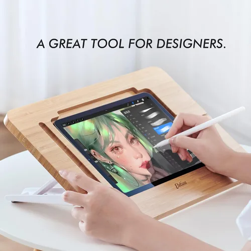 Miniatura 7 de ELETIUO Soporte ajustable para tablet con ranura para lápiz y cable de cargador, soporte de madera de bambú con múltiples ángulos, organizador