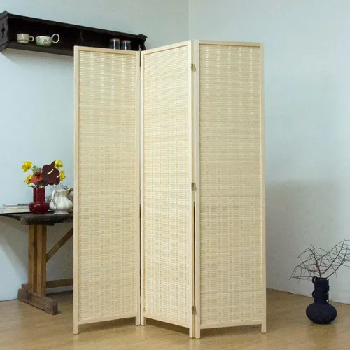 Miniatura 2 de Divisor de habitación de bambú de 3 paneles, pantalla de privacidad plegable beige de 5.6 pies de alto, pared de división independiente de doble