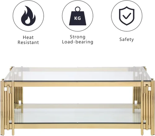 Miniatura 6 de Mesa auxiliar, mesa auxiliar moderna, parte superior de cristal, mesa de centro doble de acero inoxidable dorado para sala de estar