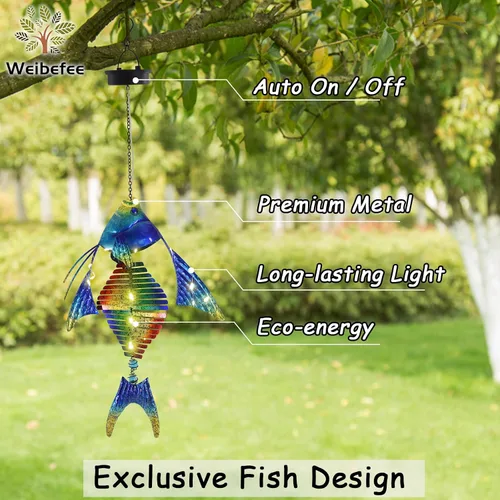 Miniatura 2 de Luces solares de peces para exteriores, faroles colgantes de metal, luces decorativas para patio trasero, porche, patio, balcón, tipi, camino.