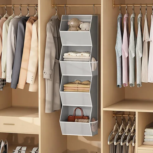 Miniatura 7 de Organizador colgante de armario de 4 estantes plegables para dormitorio, organizador de armario y almacenamiento colgante con bolsillos de malla