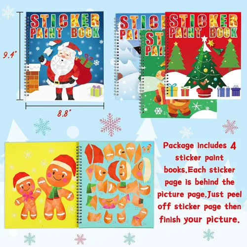 Miniatura 4 de 90shine 4 piezas de manualidades navideñas para niños de 4 a 8 años Libros de pintura adhesiva - Incluye diseños de Papá Noel, muñeco de nieve