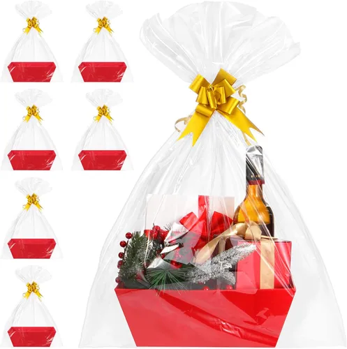Miniatura 18 de AFOROEOA Paquete de 10 cestas vacías para regalos, cesta de regalo de papel kraft de 10 x 12 pulgadas de grosor con 10 lazos, 10 bolsas vacías