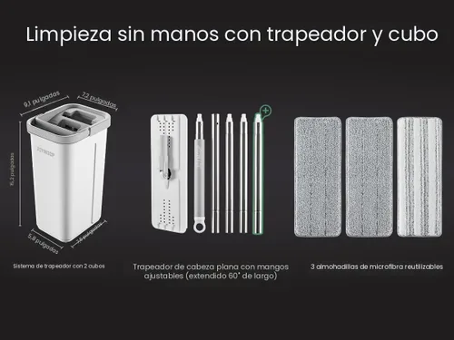 Miniatura 5 de JOYMOOP Juego de mopa y cubo con escurridor, mopa y cubo de piso plano sin manos, mopa de 60" con 3 almohadillas de microfibra reutilizables, uso