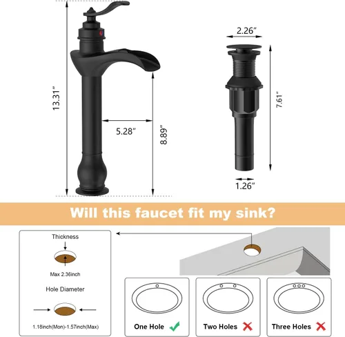 Miniatura 7 de BWE Grifo de Lavabo Tipo Vasija Negro Mate Cascada de Un Solo Orificio con Manija y Tapón de Desagüe Pop-Up Ensamblaje y Manguera de Suministro