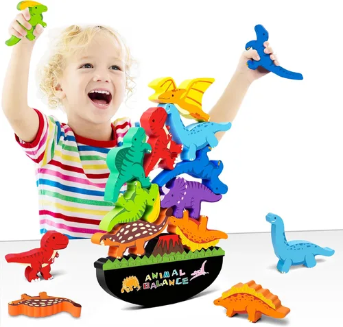 FFTROC Montessori - Juguetes de dinosaurio para niños de 2, 3 y 4 años, juguetes de dinosaurio apilables de madera para niños de 2-4, 3-5, juegos de