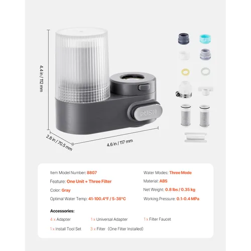 Miniatura 7 de Happybuy Grifo - Filtro de agua de montaje, purificador de agua vertical para fregadero, filtro de fibra de carbono certificado NSF, elimina