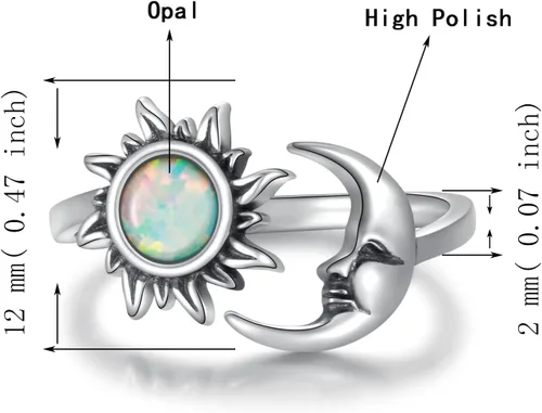 Miniatura 6 de Anillo de ópalo con sol y luna ajustable, plata de ley 925, con cara de luna creciente, regalo de joyería vintage para mujer