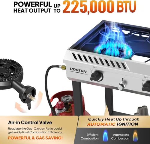 Miniatura 2 de ROVSUN Quemador de Propano para Exteriores de 3 Quemadores con Encendido y Regulador, 225,000 BTU Potente y Portátil Estufa de Gas para Exteriores