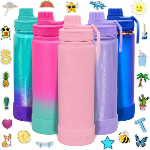 Miniatura 31 de CHILLOUT LIFE Botella de agua aislada para niños de 17 onzas para la escuela con tapa de boquilla a prueba de fugas y bonitas calcomanías Azul