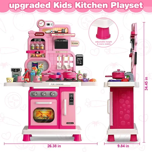 Miniatura 7 de Juego de cocina, juego de cocina para niños con sonido y luz realistas, estufa de cocina, fregadero, comida de juego y accesorios, 57 piezas, Rosa