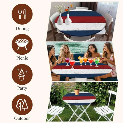 Miniatura 8 de Mantel redondo ajustable azul marino, rojo y blanco con borde elástico, mantel para exteriores, impermeable, a rayas, de madera de granja