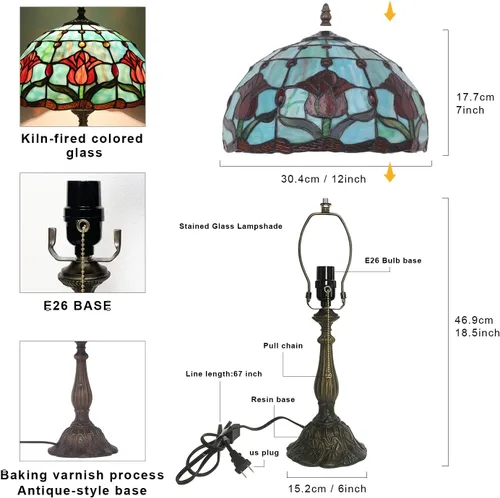 Miniatura 2 de Lámpara de mesa con tulipanes de vitrales, luz de lectura estilo Tiffany, 12 x 12 x 19 pulgadas, lámpara de escritorio de vidrio antiguo