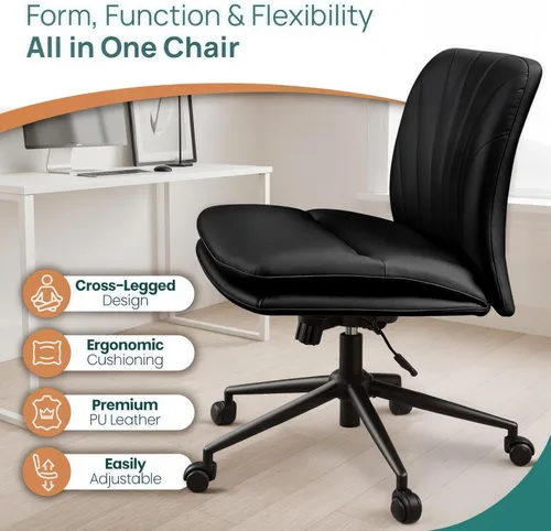 Miniatura 5 de NYPOT Silla de escritorio sin brazos con ruedas para sentarse entrecruzada, silla sin brazos anchos con patas cruzadas, taburete giratorio ajustable