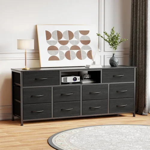 Miniatura 6 de Furnulem Cómoda de 55 pulgadas de largo para dormitorio, soporte de TV para TV de 55 a 65 pulgadas, cómoda negra con 10 cajones de tela, cajonera