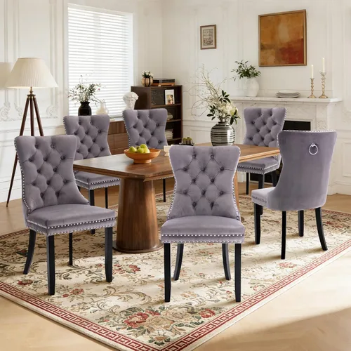 Miniatura 118 de Juego de 4 sillas de comedor de terciopelo, sillas de comedor tapizadas con ribete de cabeza de clavo y patas de madera maciza para cocina