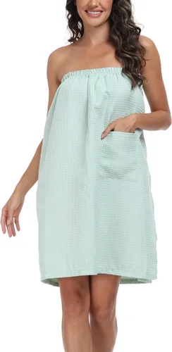 Miniatura 12 de sunshinemall Bata de baño ligera para mujer, bata de baño de punto gofre, bata de baño de secado rápido con cierre ajustable