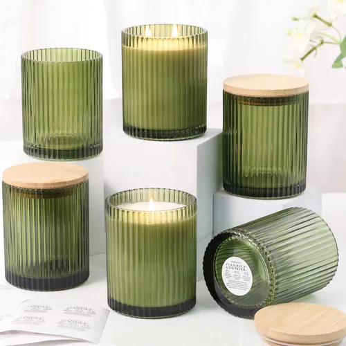Tarros de vela de vidrio verde oliva de 14 onzas para hacer velas, paquete de 6 frascos de velas vacíos a granel con tapas y accesorios de bambú,