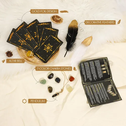 Miniatura 5 de SUGEYA Cartas de Tarot con Libro Guía, Juego de 78 Cartas de Tarot Negras con Mantel, Piedras de Chakra, Bolsa de Terciopelo y Más, Kit de Cartas