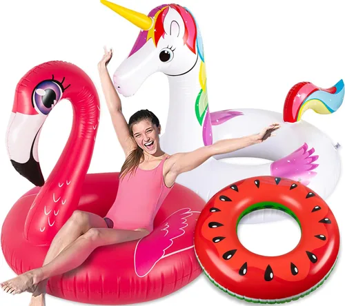 Juego de 3 flotadores de piscina para adultos, unicornio + flamenco + sandía, flotadores inflables de playa para adultos, niños de 8 a 12 años,