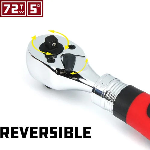 Miniatura 6 de Powerbuilt Trinquete extensible de doble tamaño, accionamiento de 1/4 y 3/8 pulgadas, 72 dientes, columpio de 5 grados, ligero, mango de goma rojo